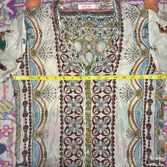 Johnny Was Butterfly and Baubles 100% Silk Tunic Button Blouse New Size XS - Picture 10 of 11